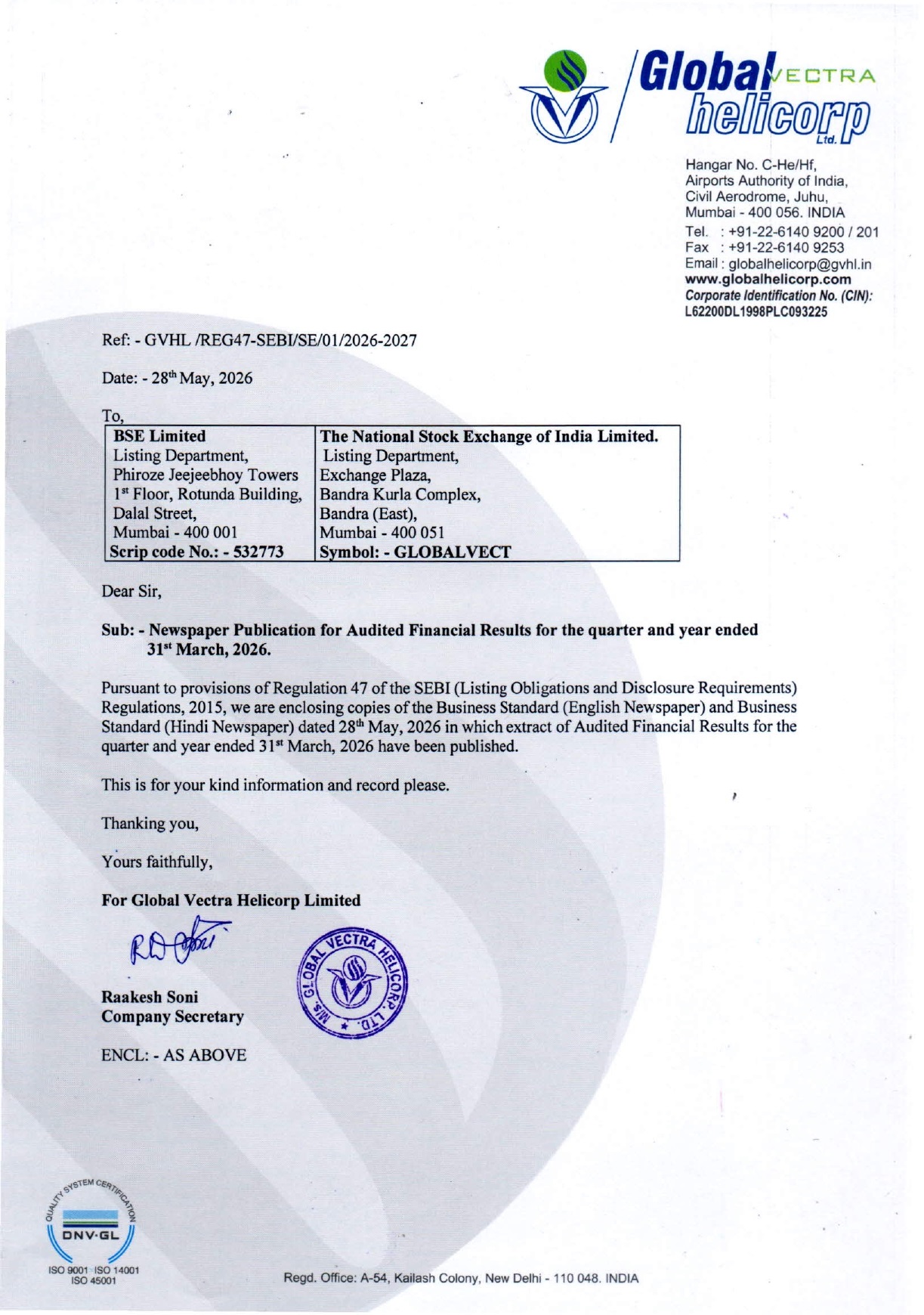 News Paper Publication of AFR for the quarter ended 31st March, 2026