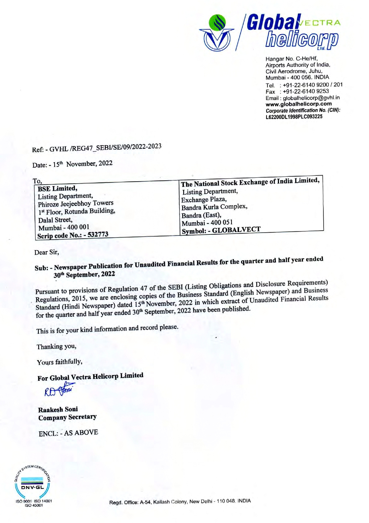News Paper Publication of UFR for the quarter ended 30th September,2022