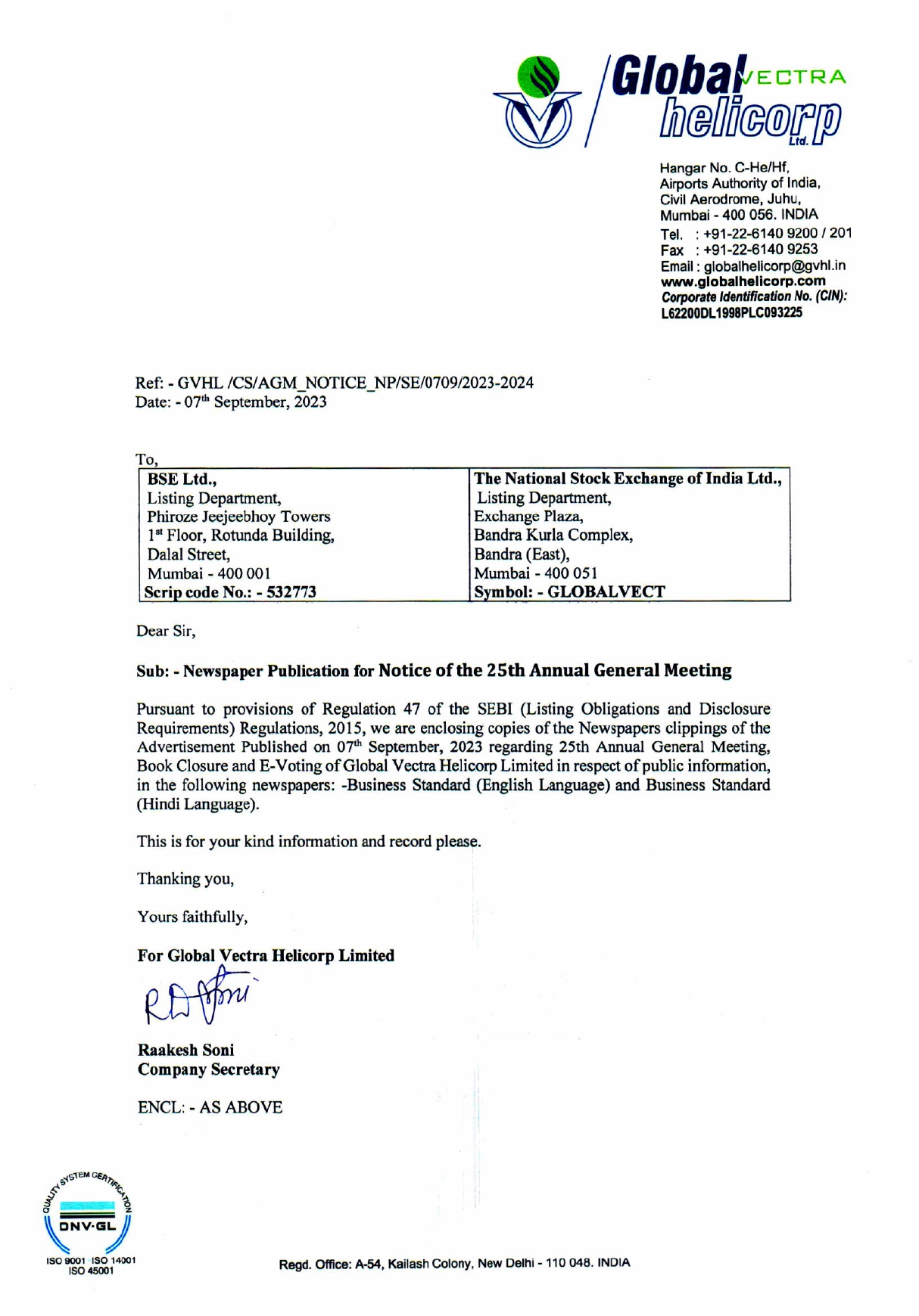 News Paper Publication of Notice of AGM