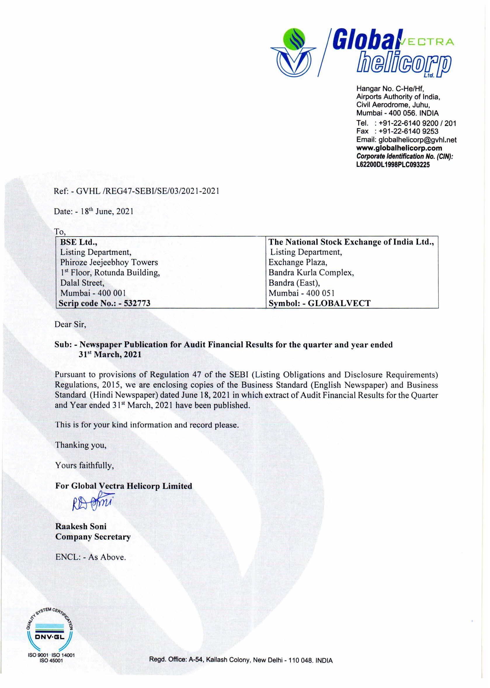 News Paper Publication of UFR for the quarter  ended 31st March 2021