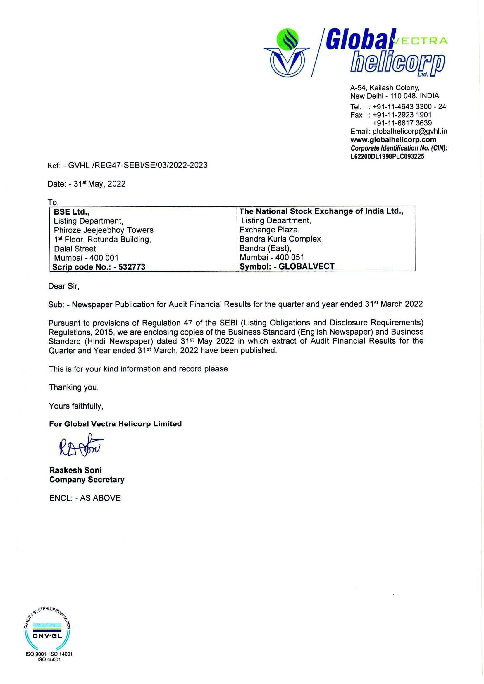 News Paper Publication of AFR for the quarter ended 31st March, 2022