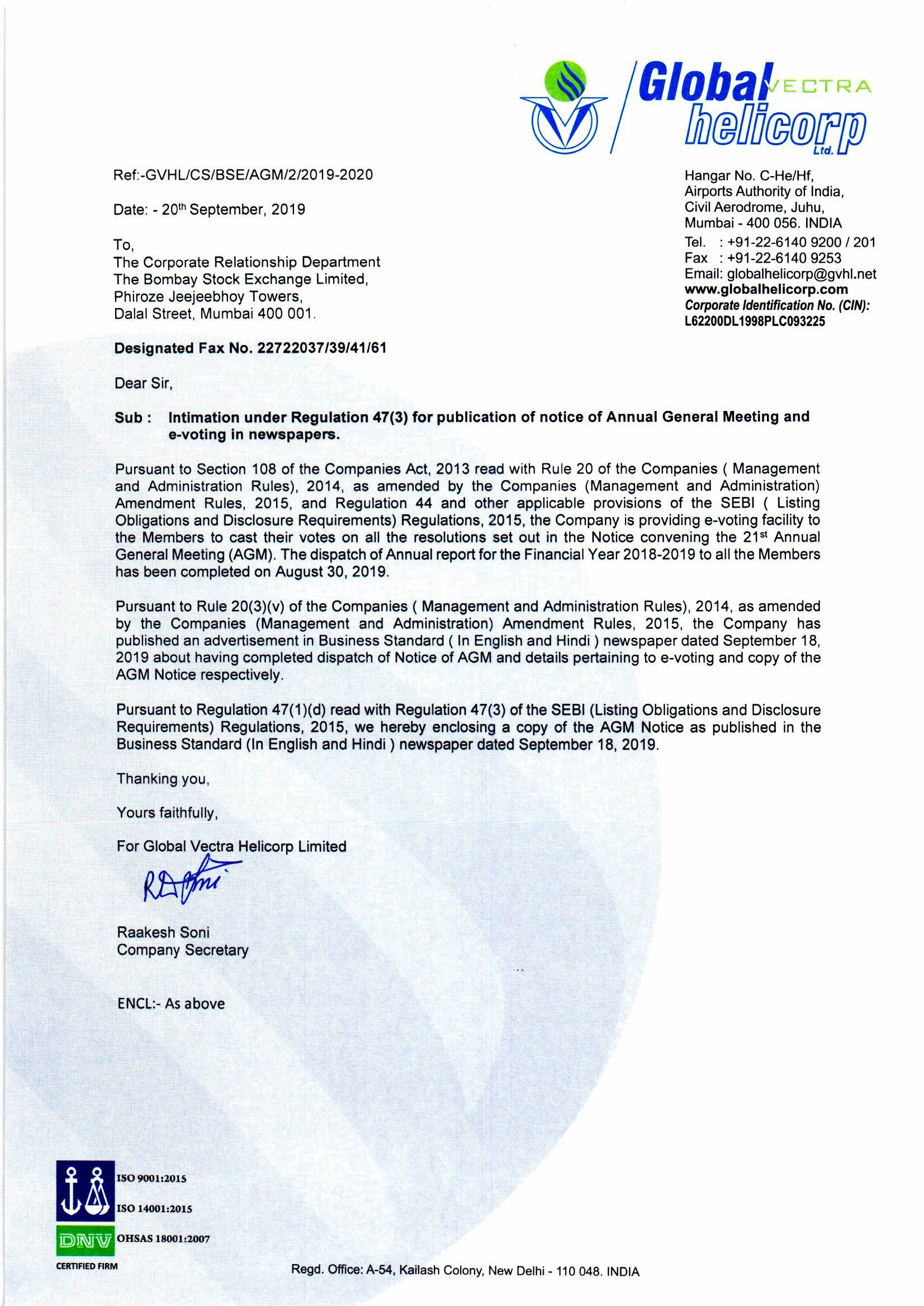 News Paper Publication of Notice of AGM