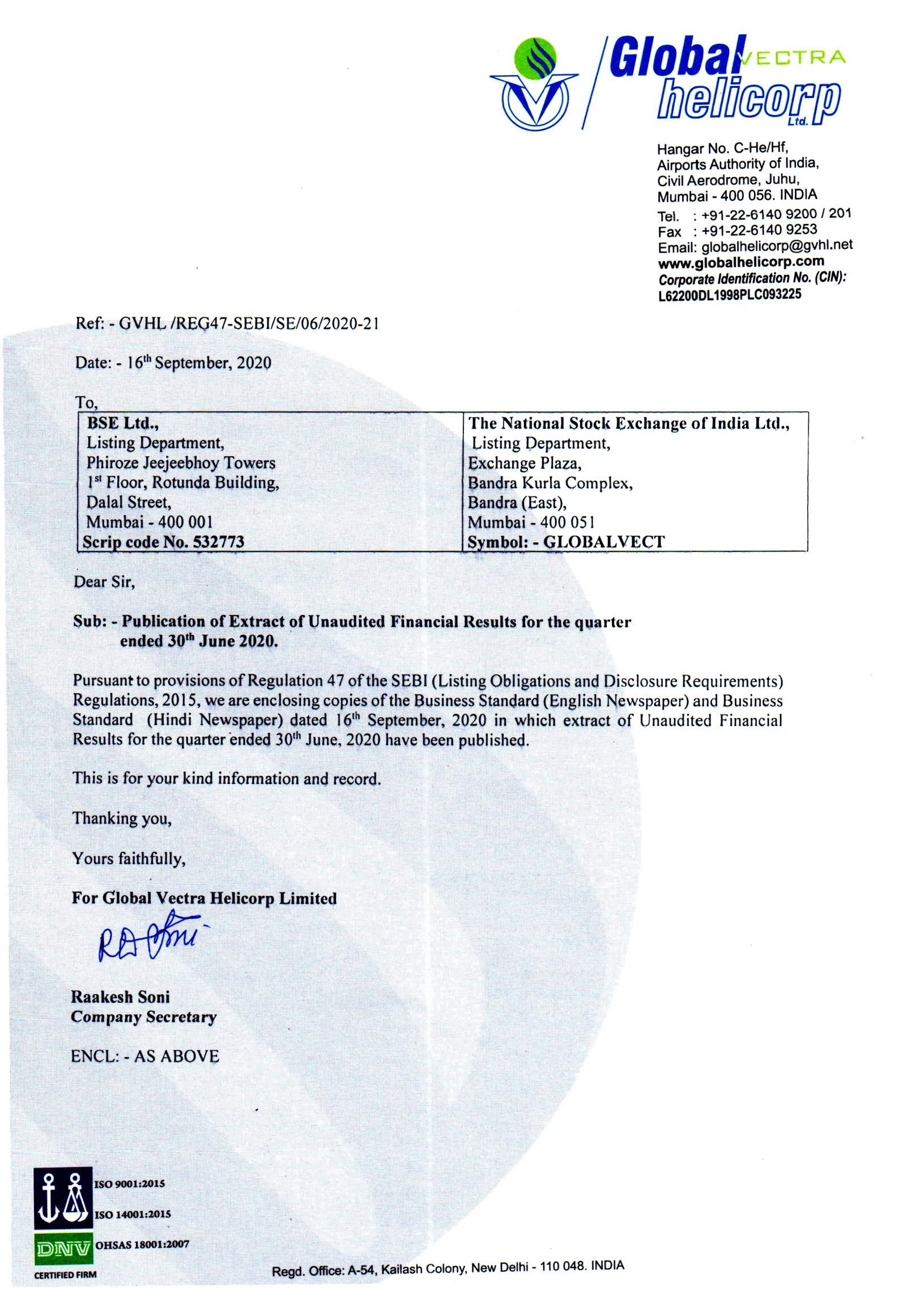 News Paper Publication of UFR for the quarter ended 30th June, 2020