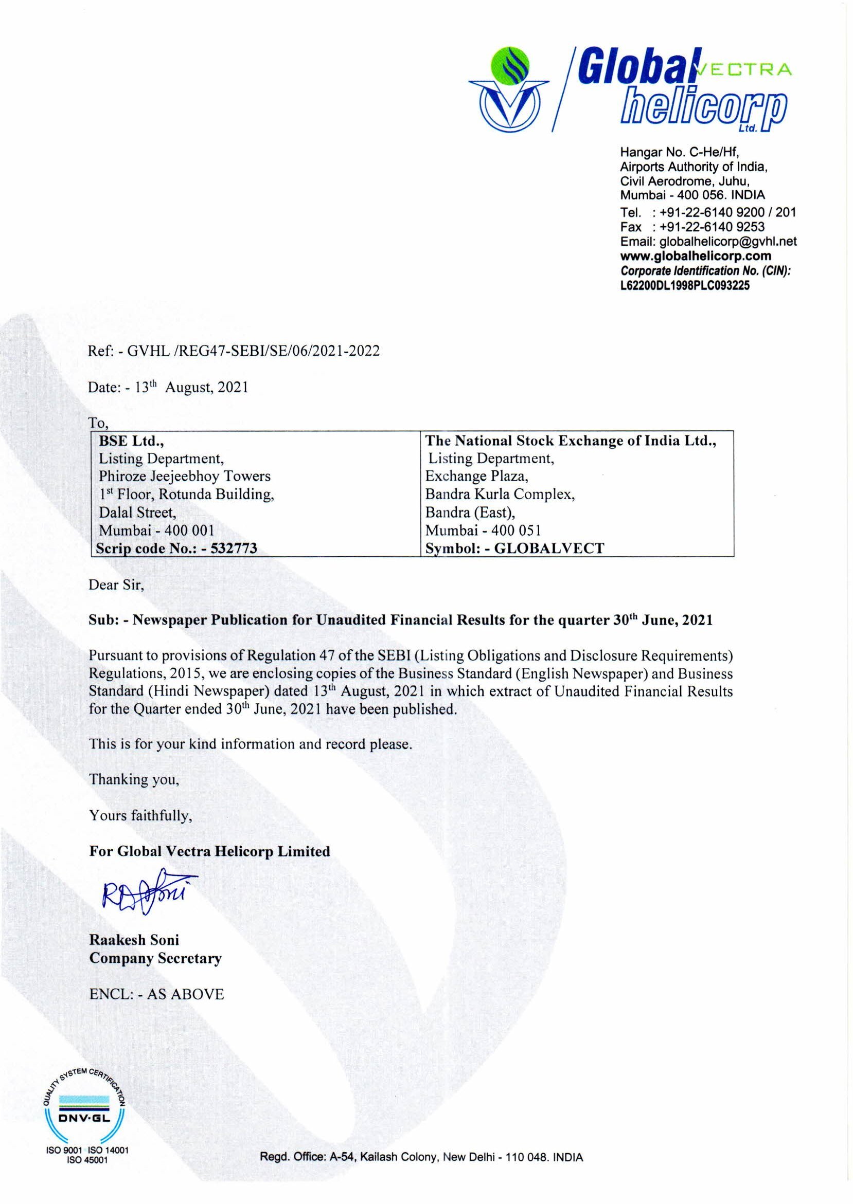 News Paper Publication of UFR for the quarter ended 30th June, 2021