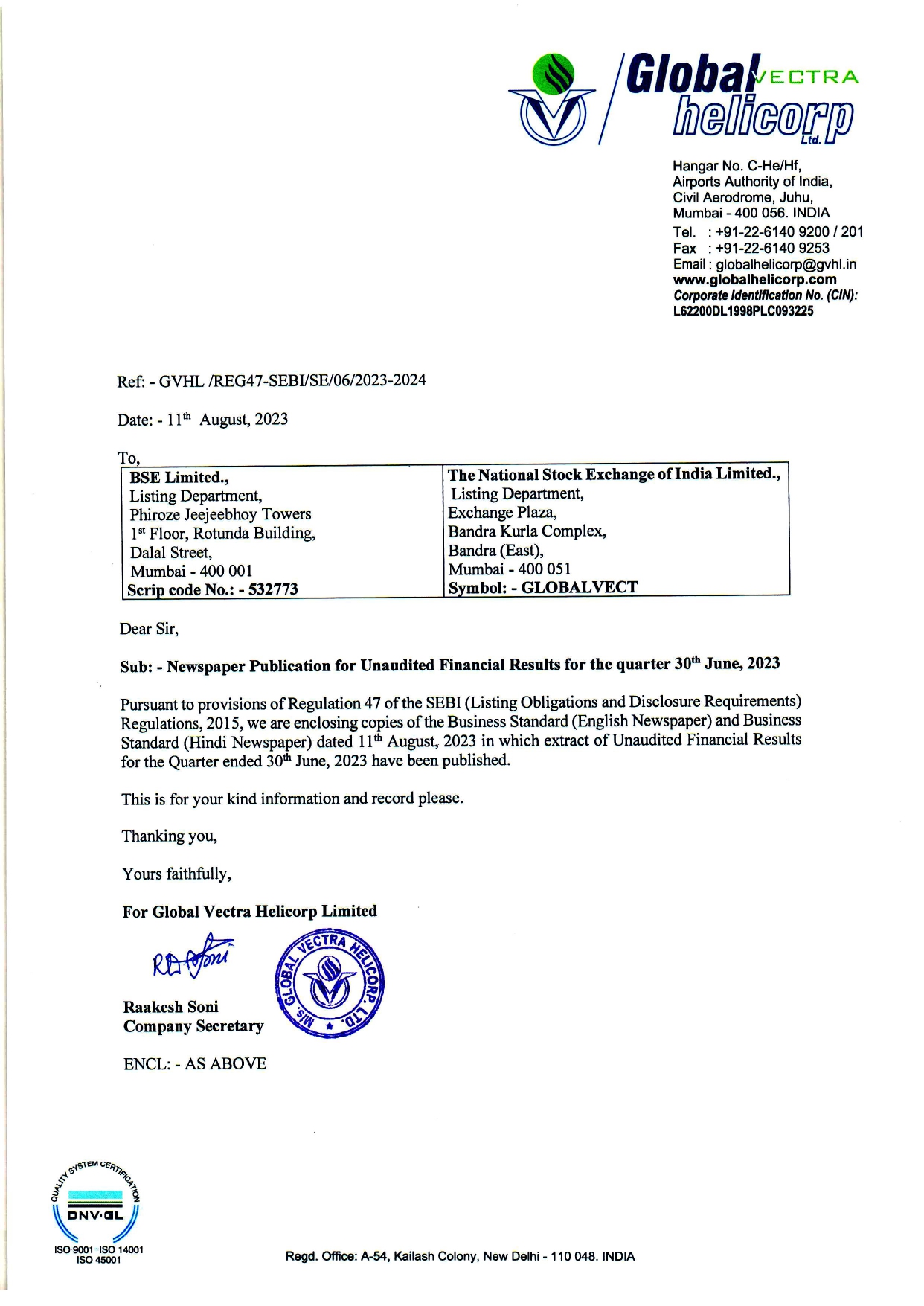 News Paper Publication of UFR for the quarter ended 30th June, 2023