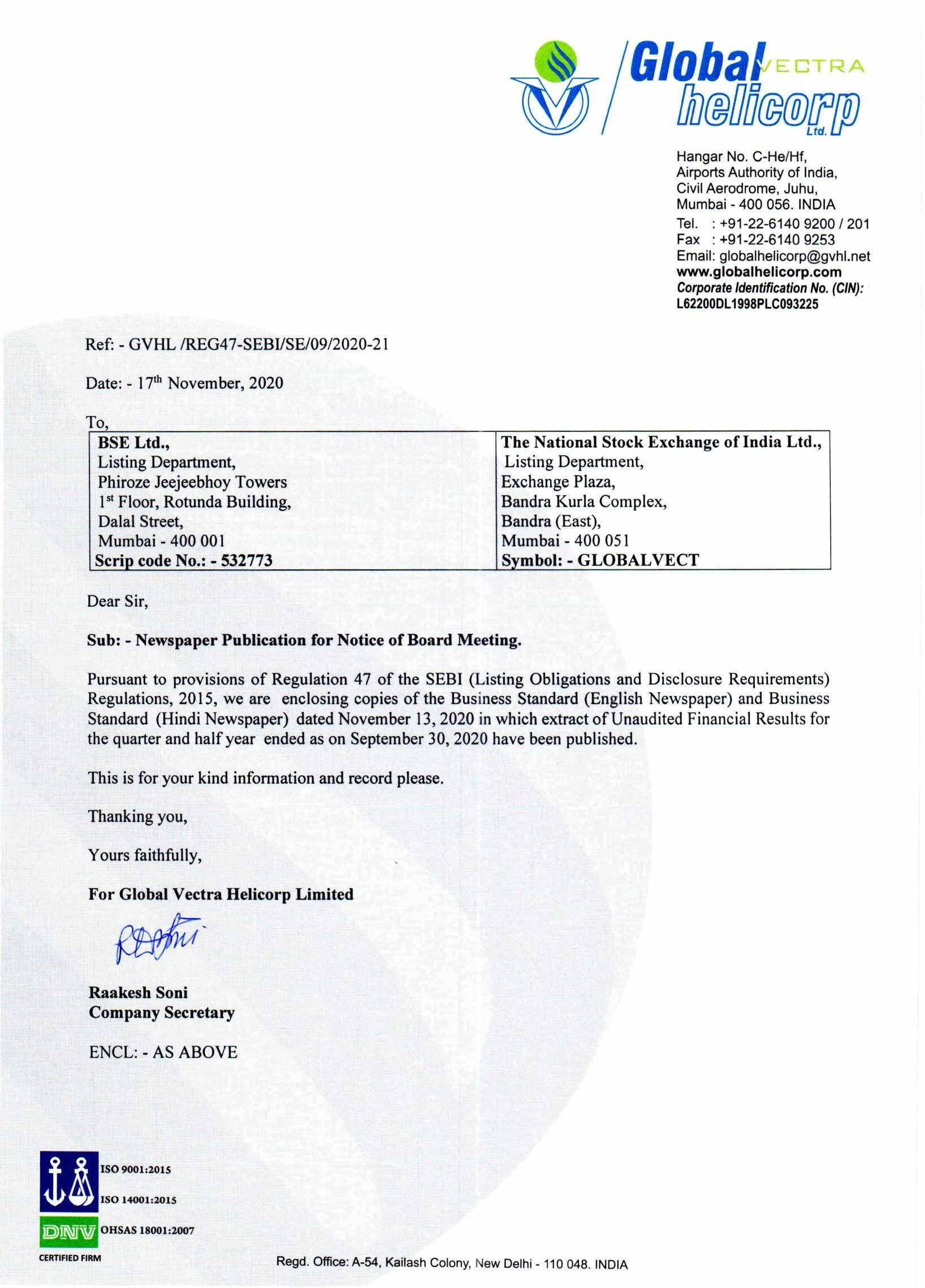 News Paper Publication of UFR for the quarter ended 30th September, 2020