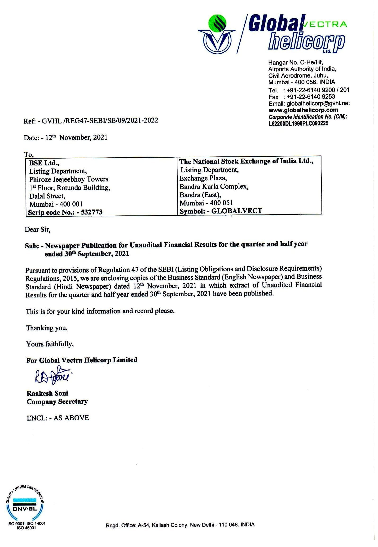 News Paper Publication of UFR for the quarter ended 30th September, 2021