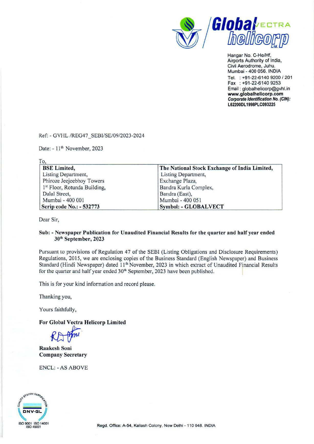News Paper Publication of UFR for the quarter ended 30th September, 2023