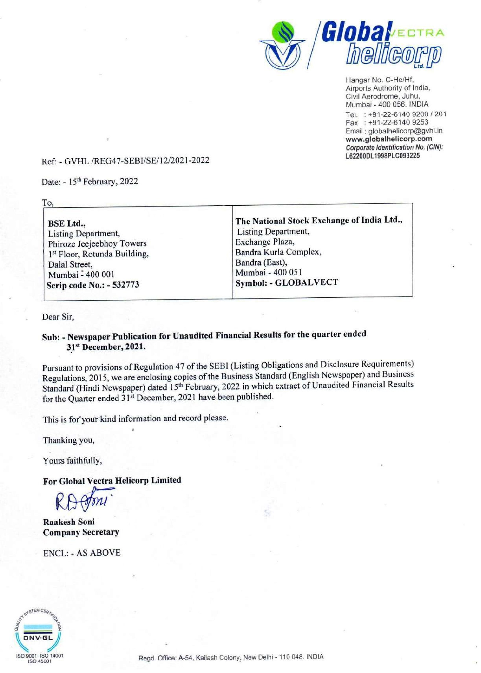 News Paper Publication of UFR for the quarter ended 31st December, 2021