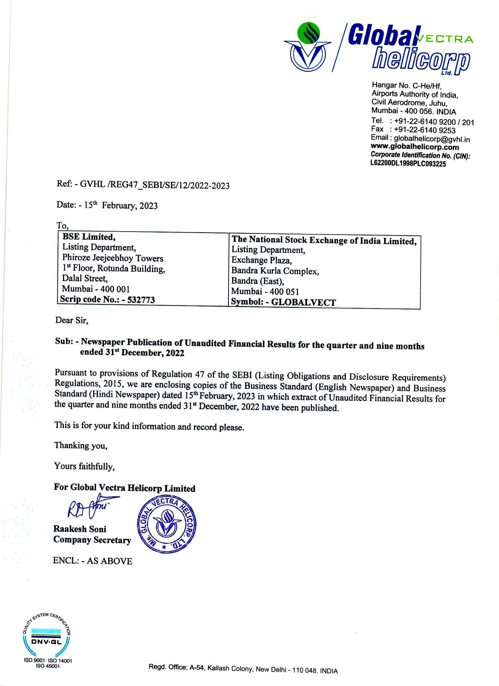 News Paper Publication of UFR for the quarter ended 31st December,2022