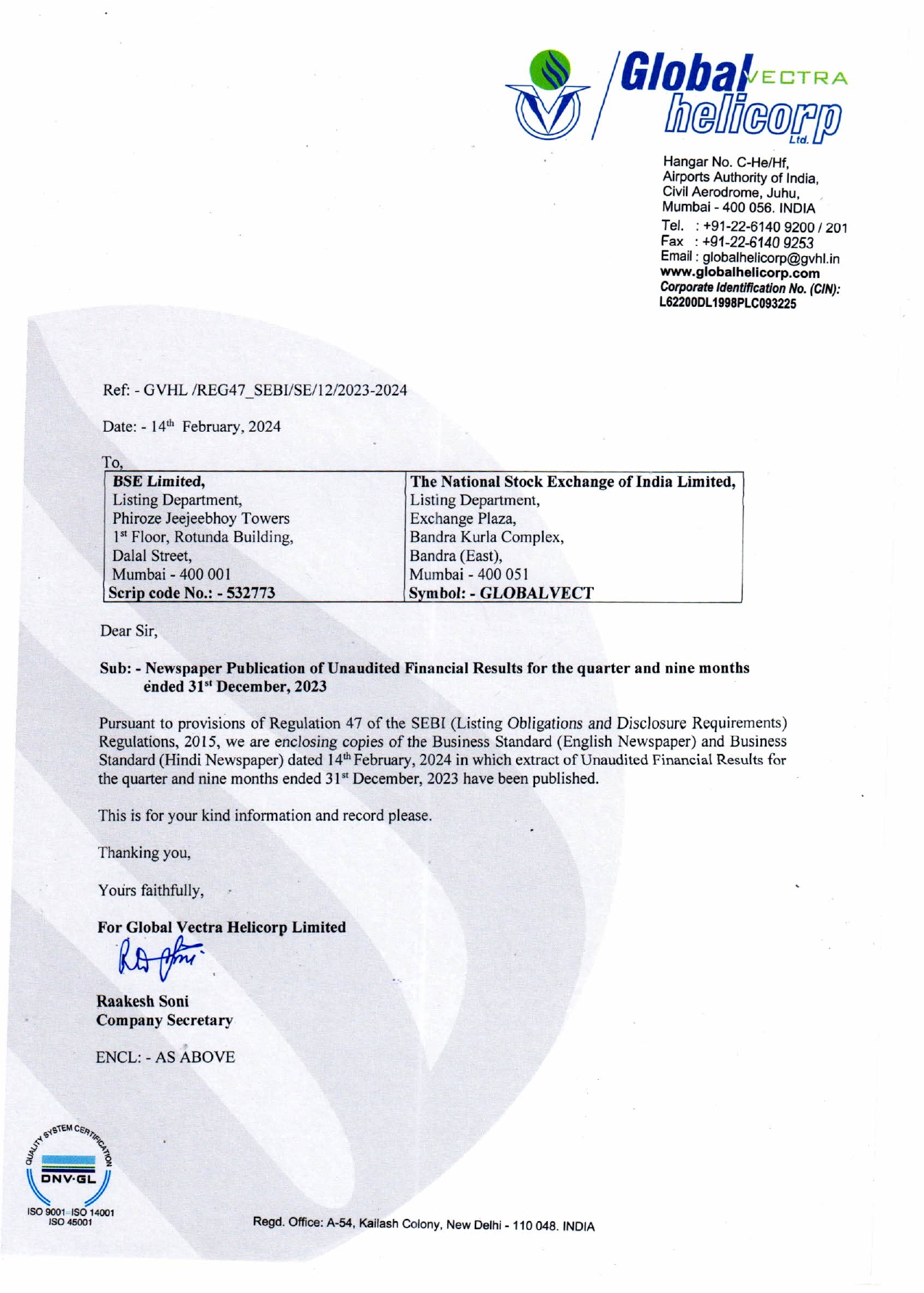 News Paper Publication of UFR for the quarter ended 31st December, 2023