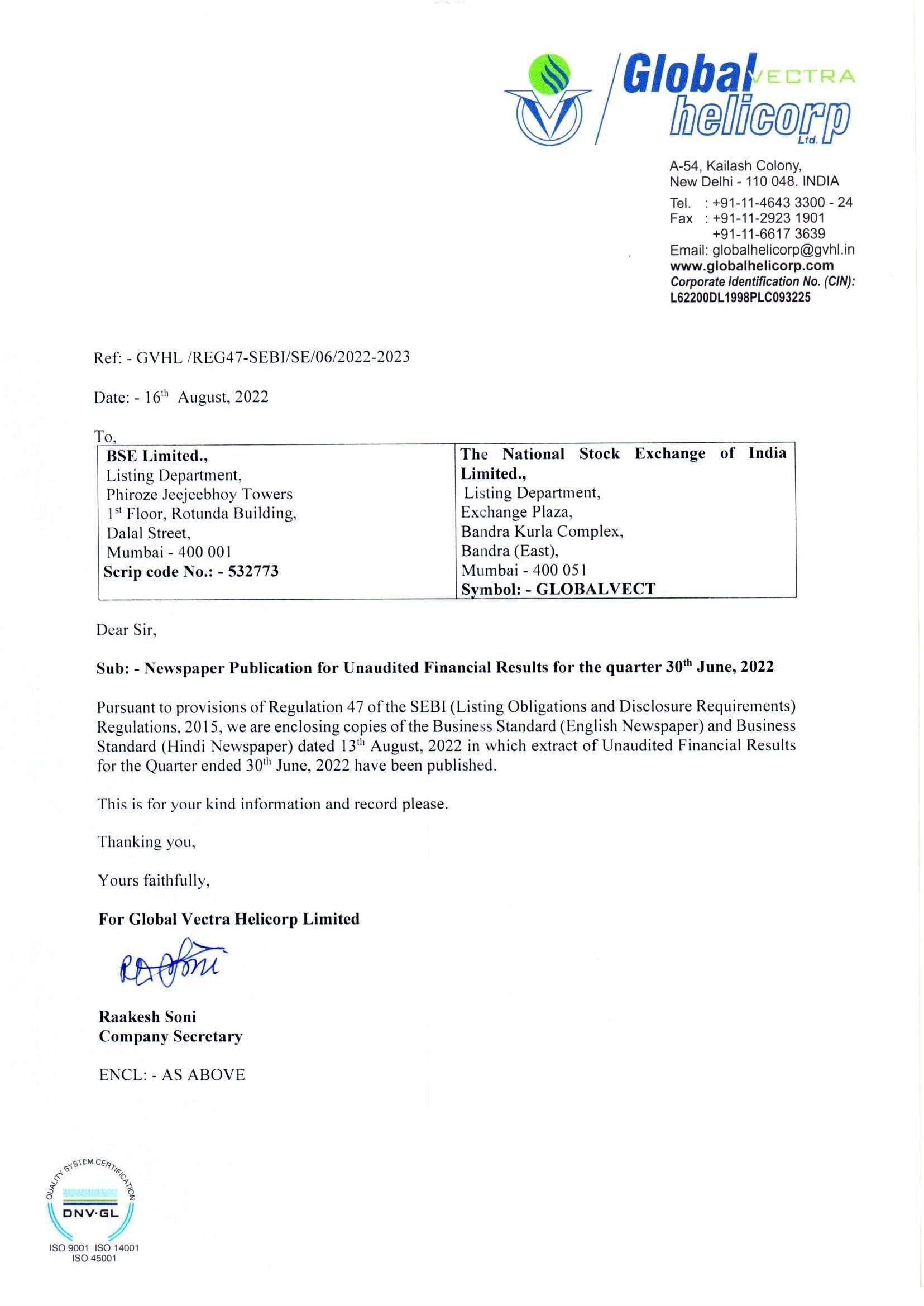 News Paper Publication of UFR for the quarter ended 30th June, 2022