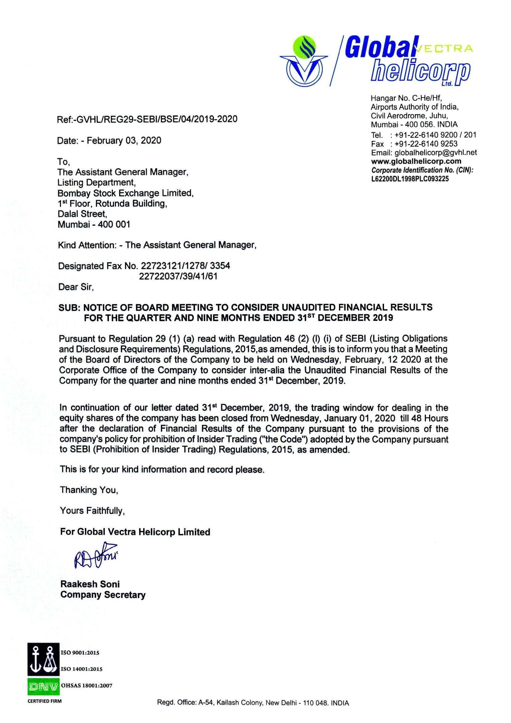 Notice of Board Meeting