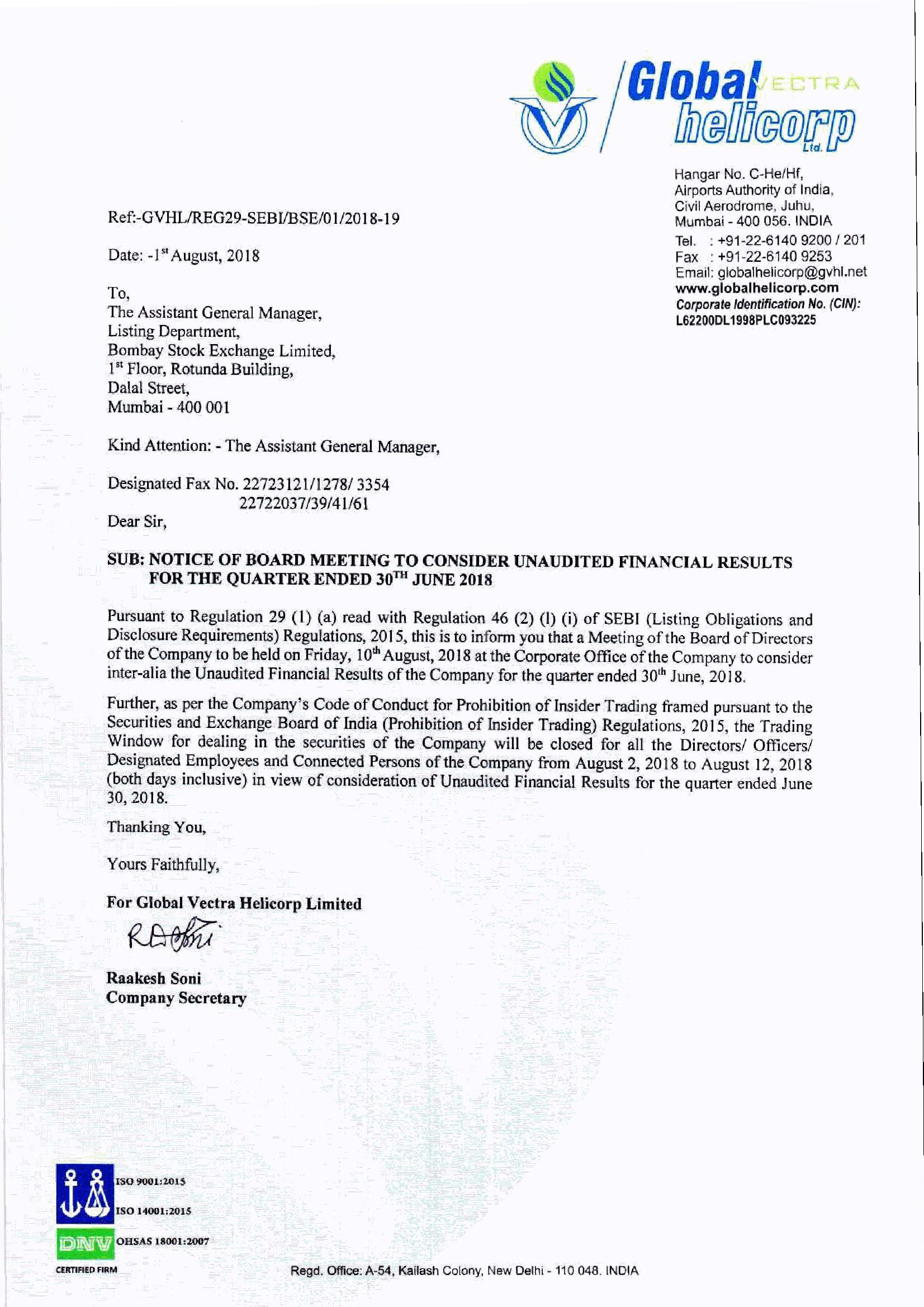 Notice for Board Meeting