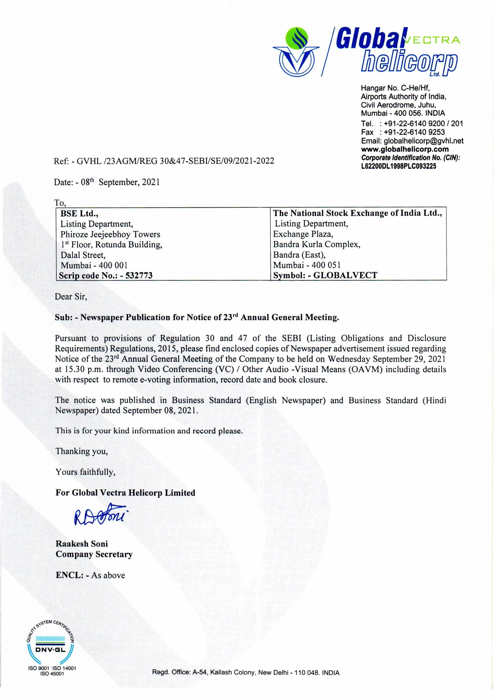 News Paper Publication of Notice of AGM