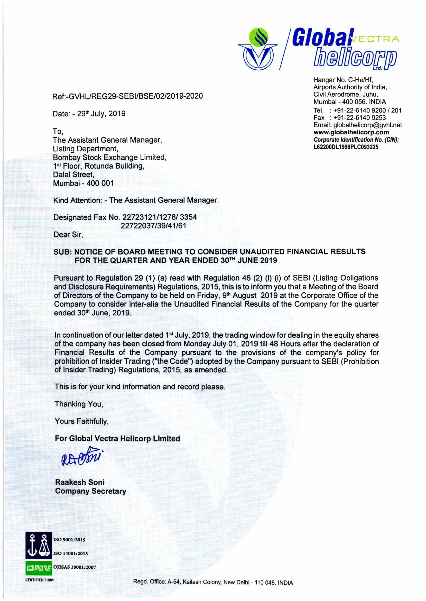 Notice for Board Meeting