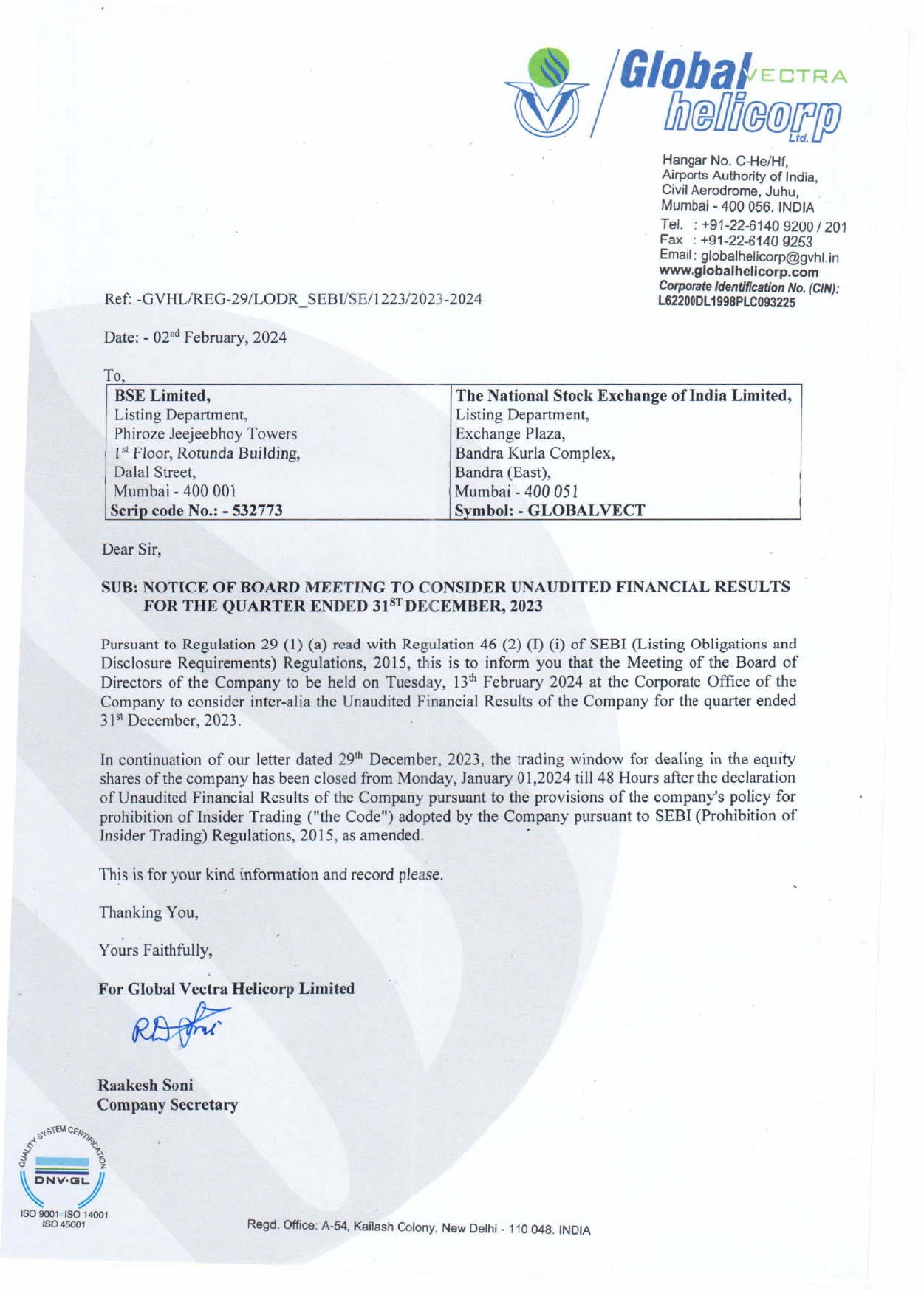 Notice of Board Meeting