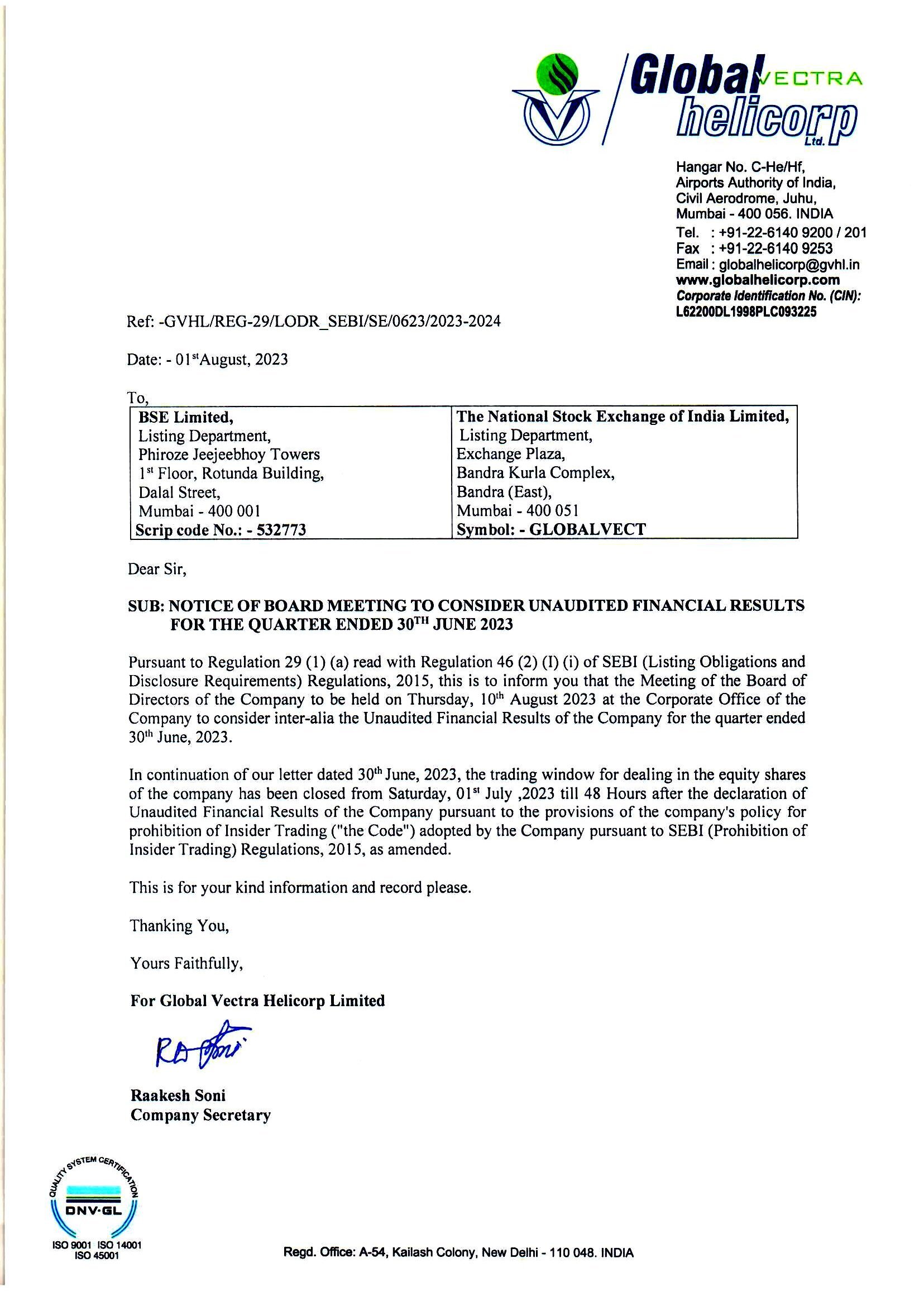 Notice of Board Meeting