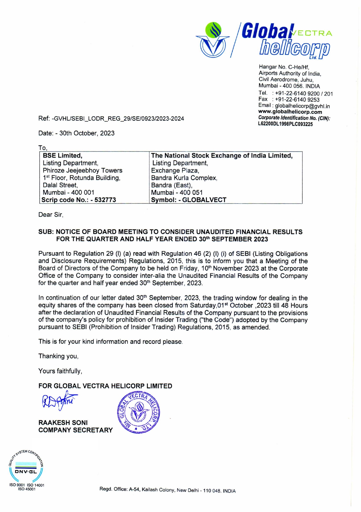Notice of Board Meeting