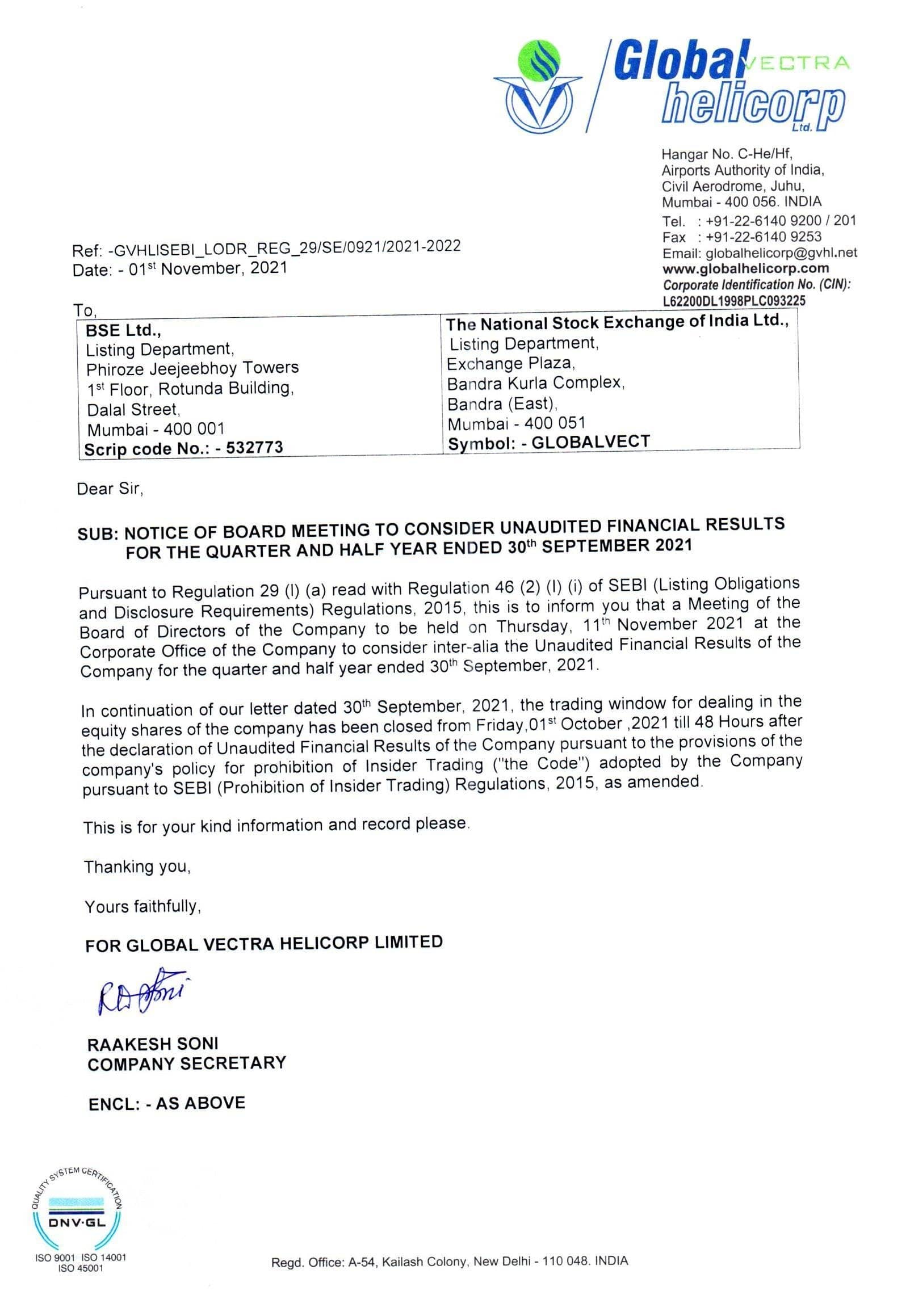 Notice of Board Meeting