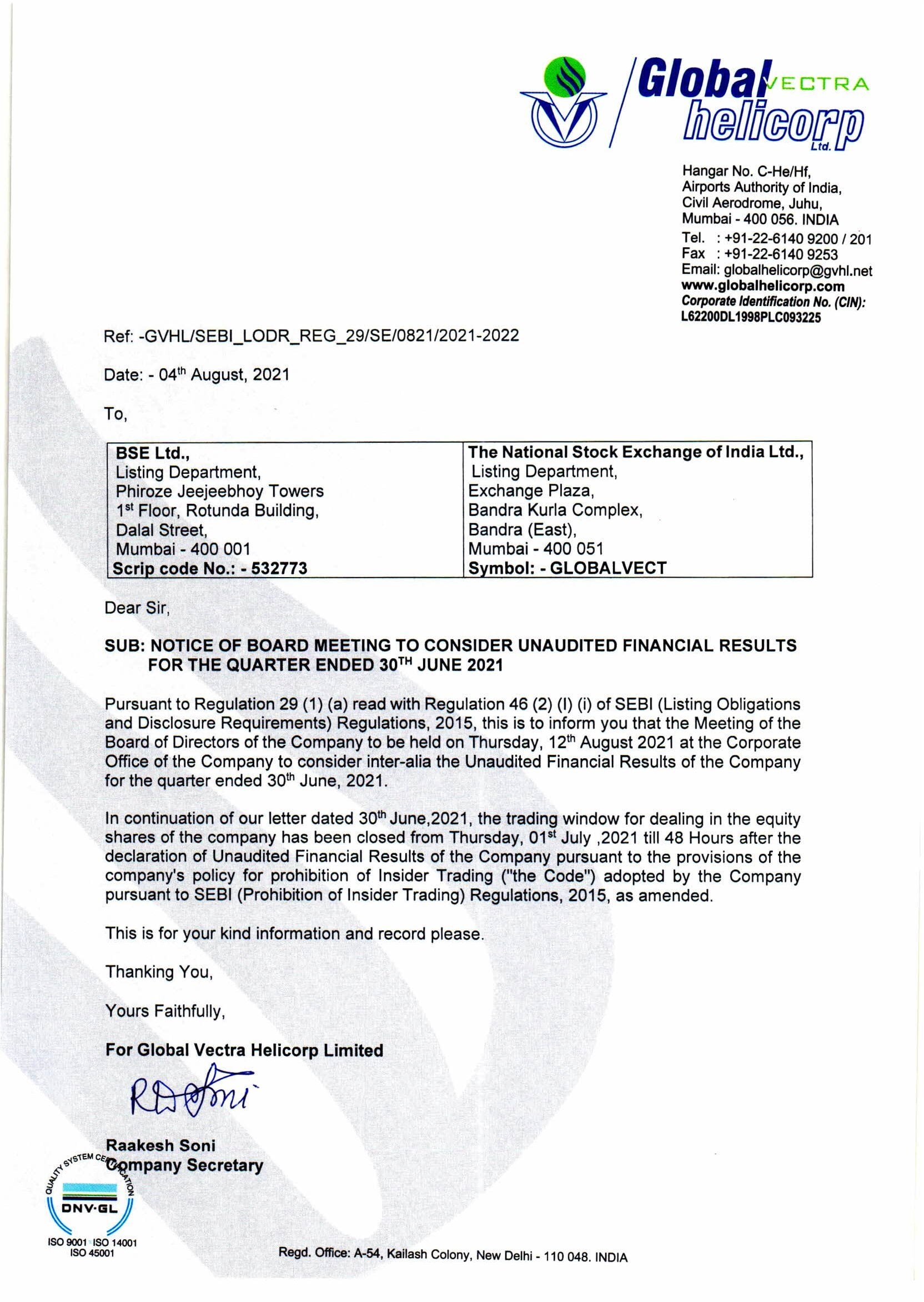 Notice of Board Meeting