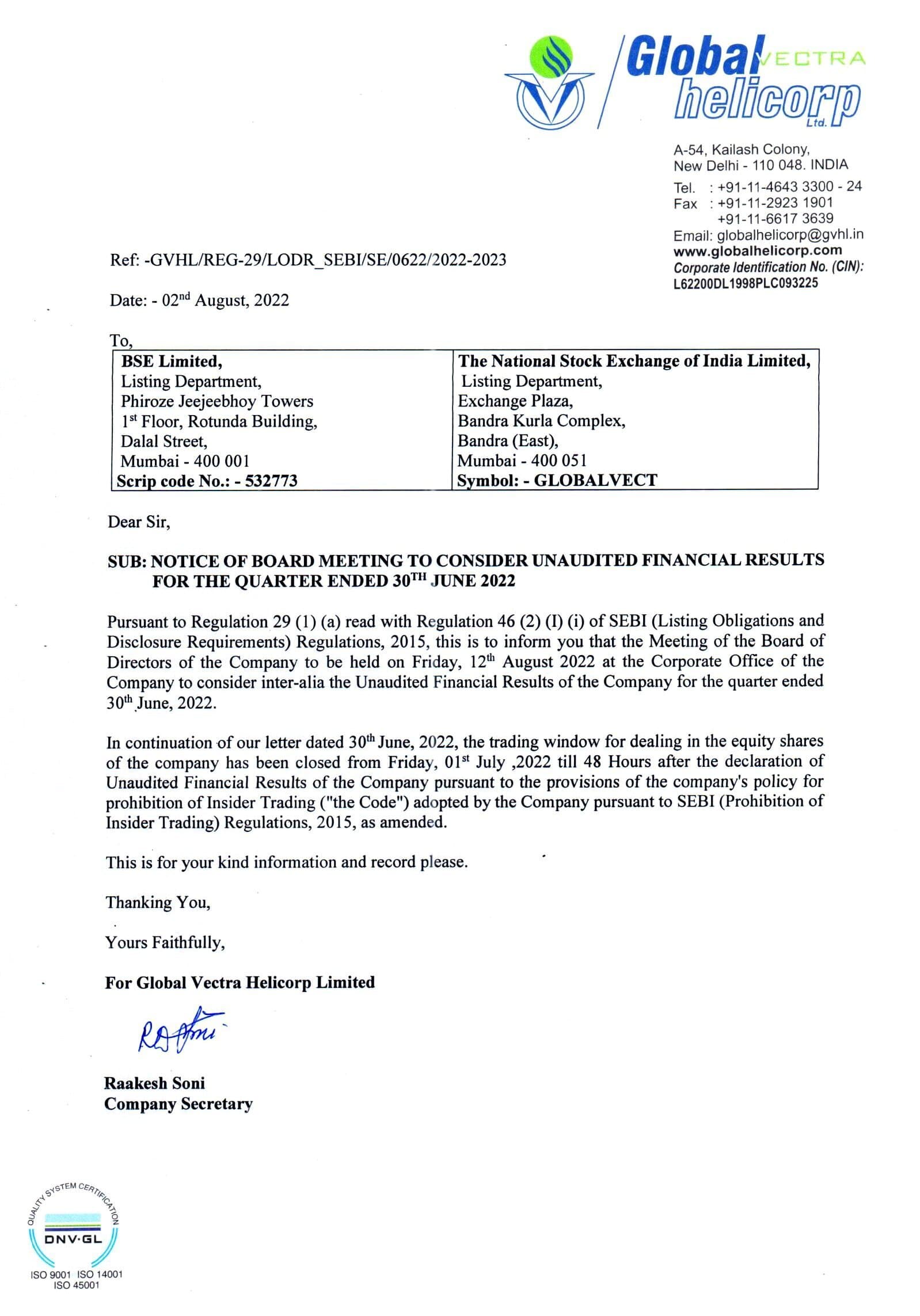 Notice of Board Meeting