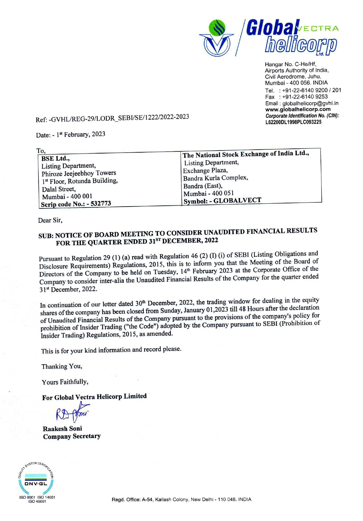Notice of Board Meeting