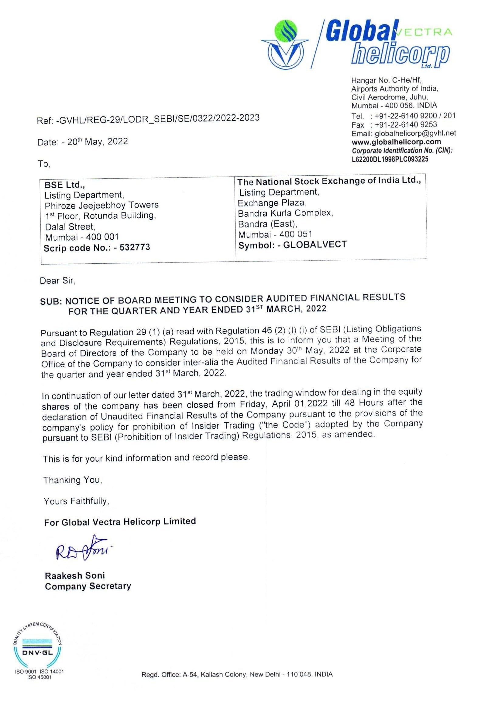 Notice of Board Meeting