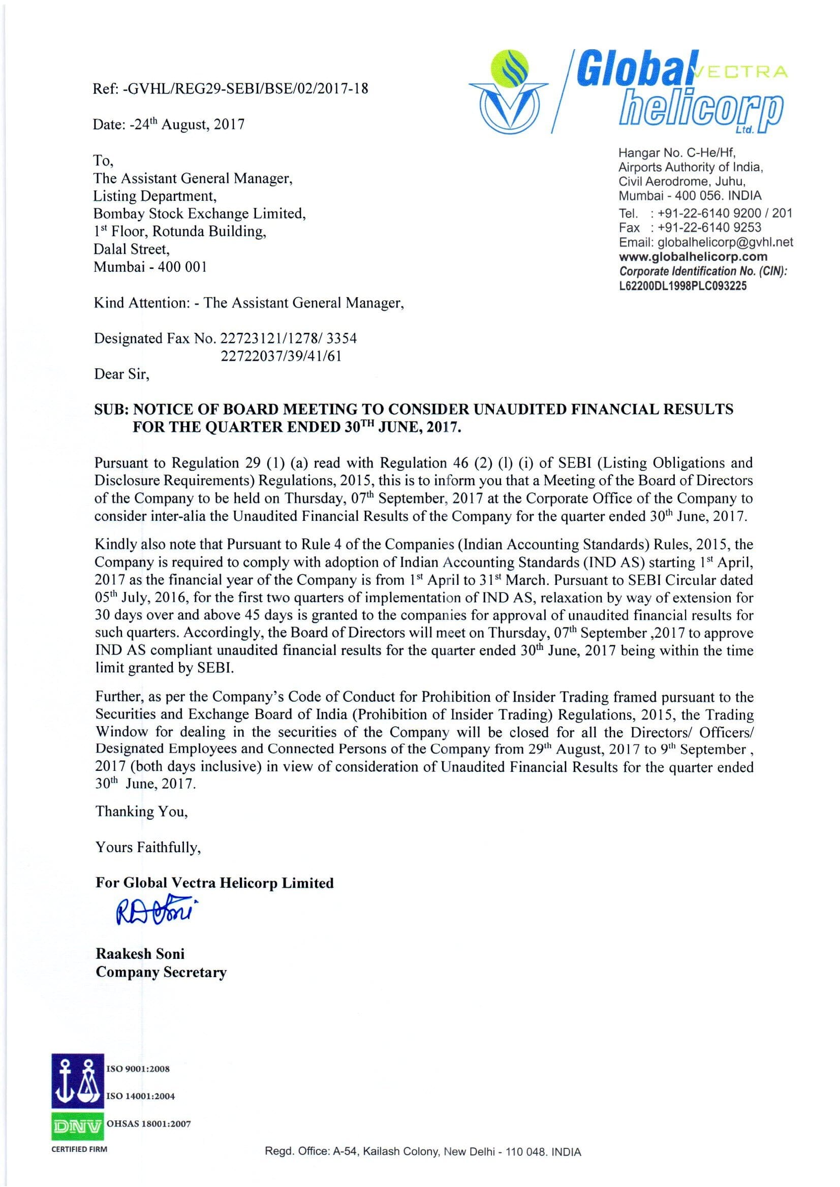 Notice for Board Meeting