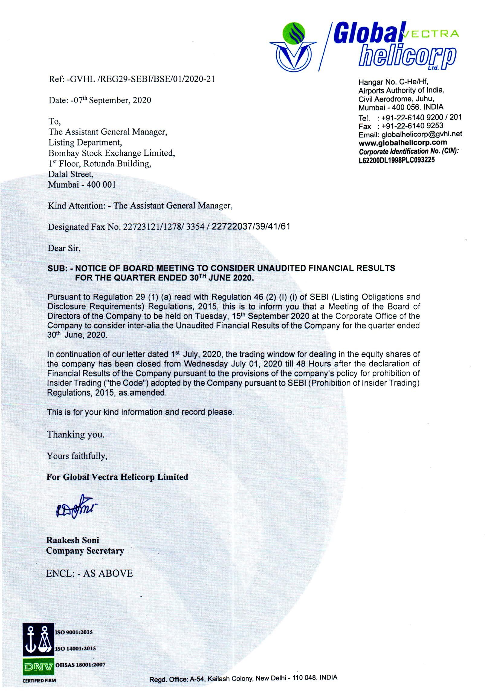 Notice for Board Meeting