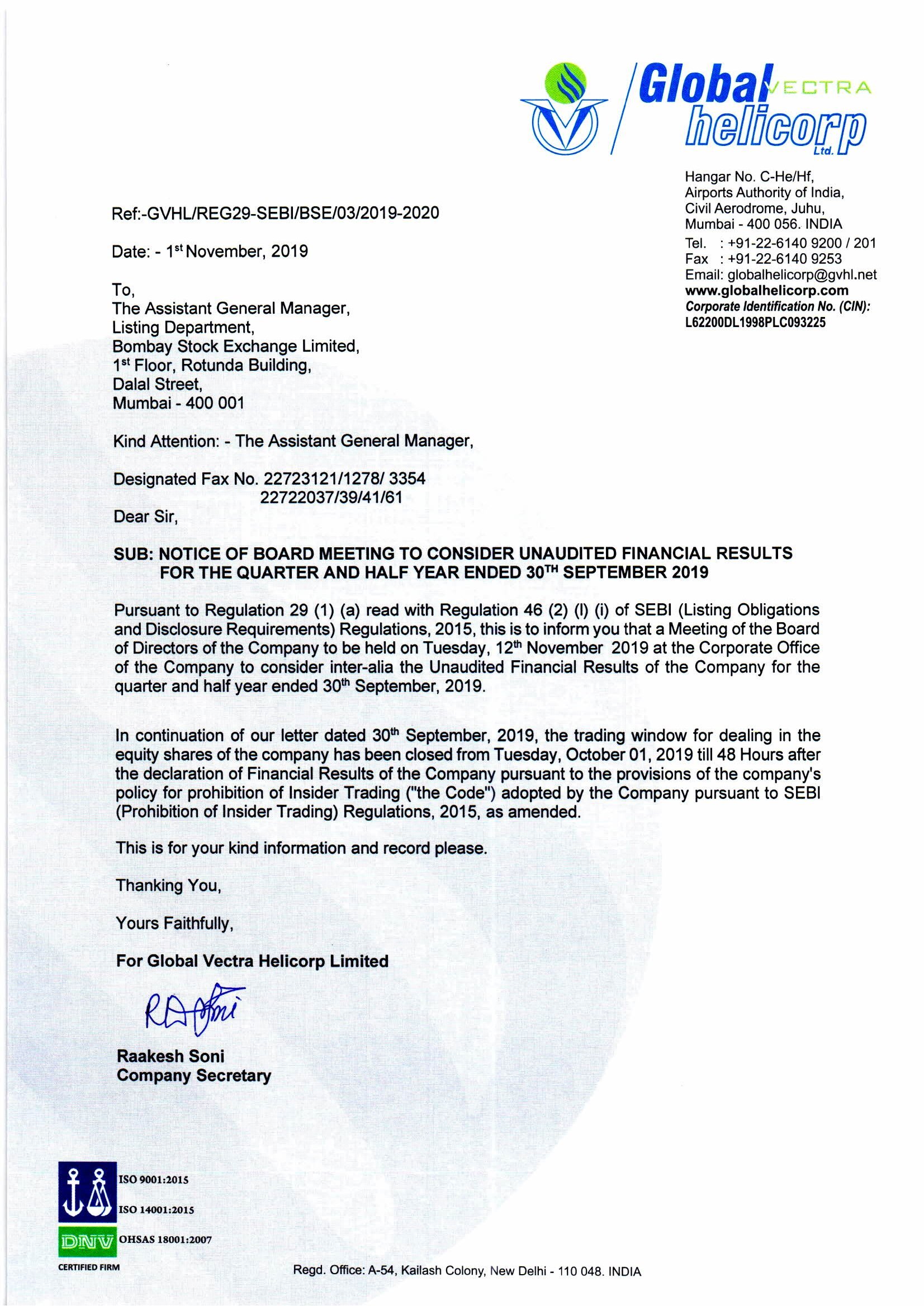 Notice of Board Meeting