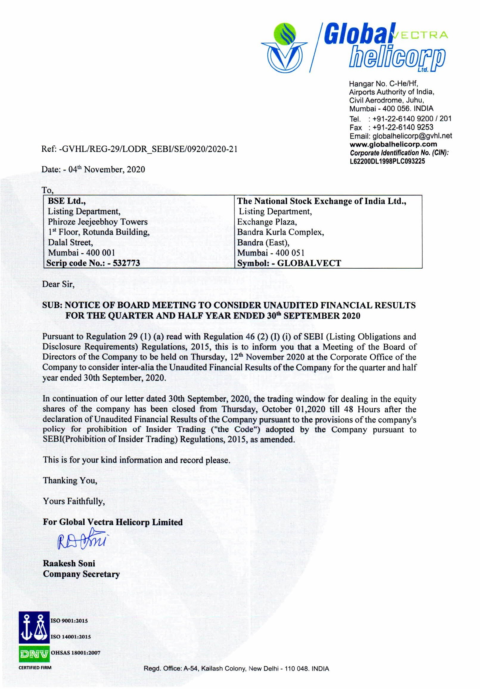 Notice for Board Meeting