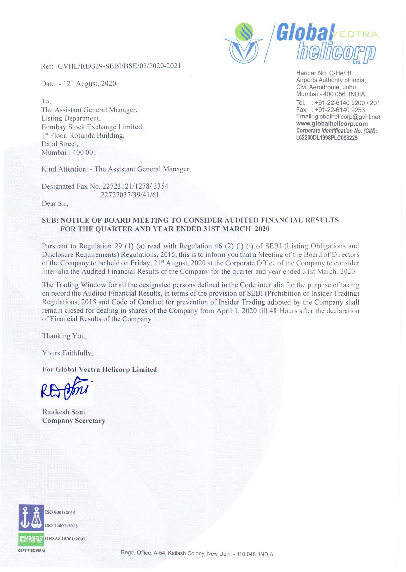 Notice of Board Meeting