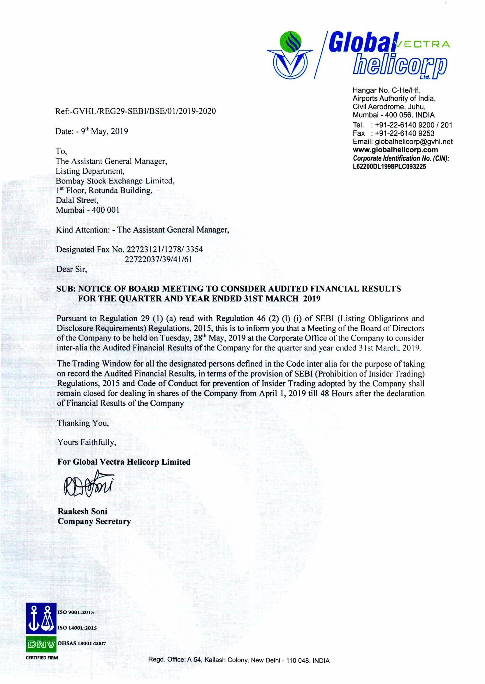 Notice for Board Meeting