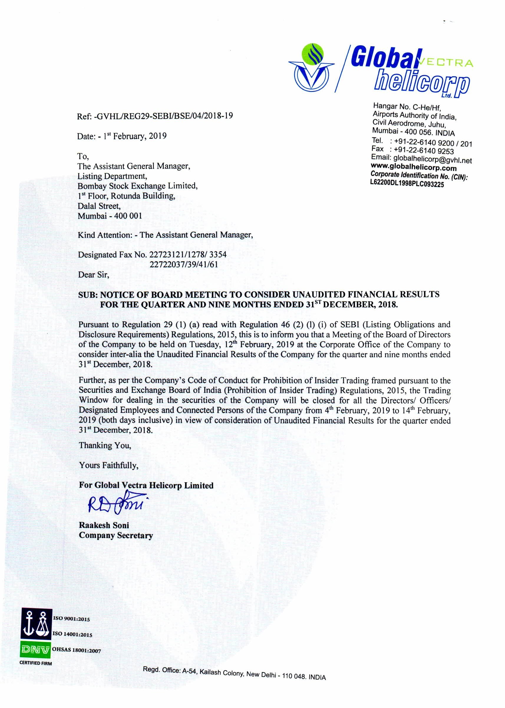 Notice for Board Meeting