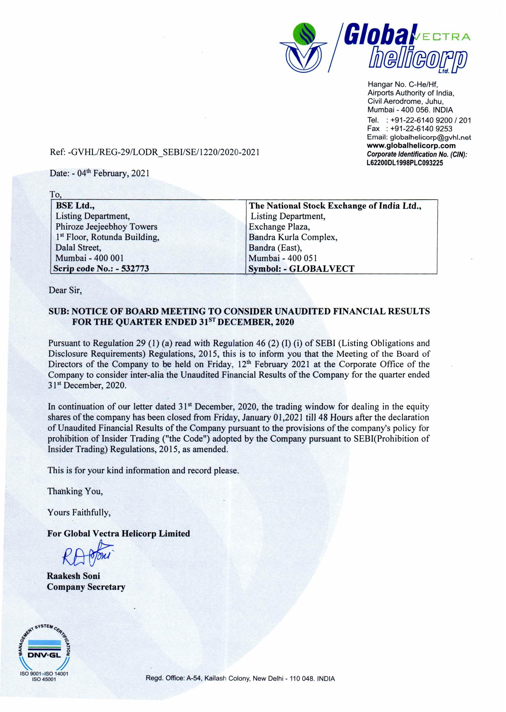 Notice for Board Meeting