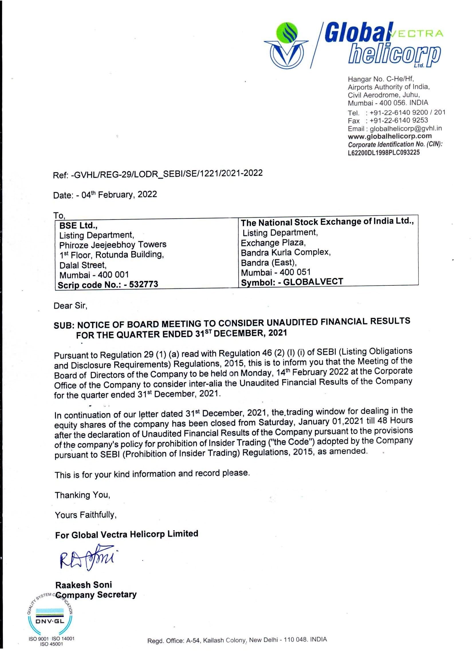 Notice of Board Meeting
