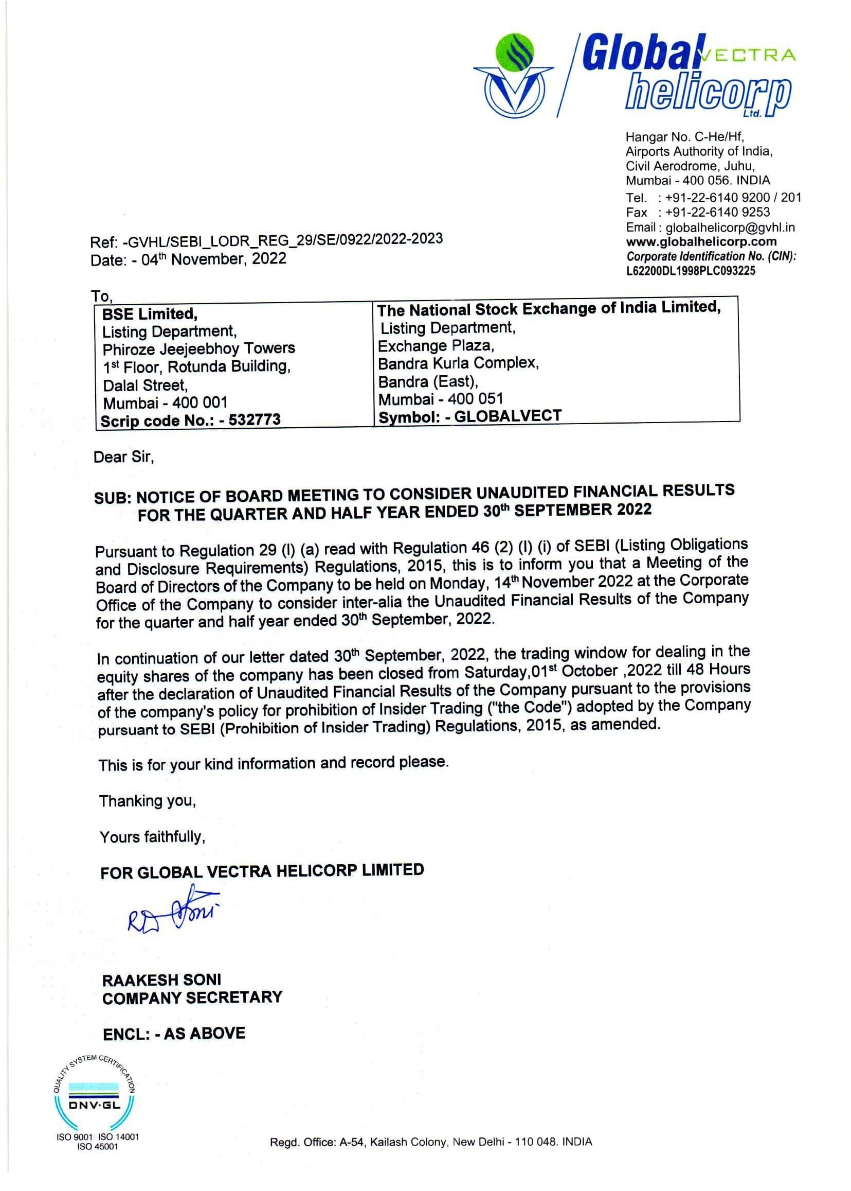 Notice of Board Meeting
