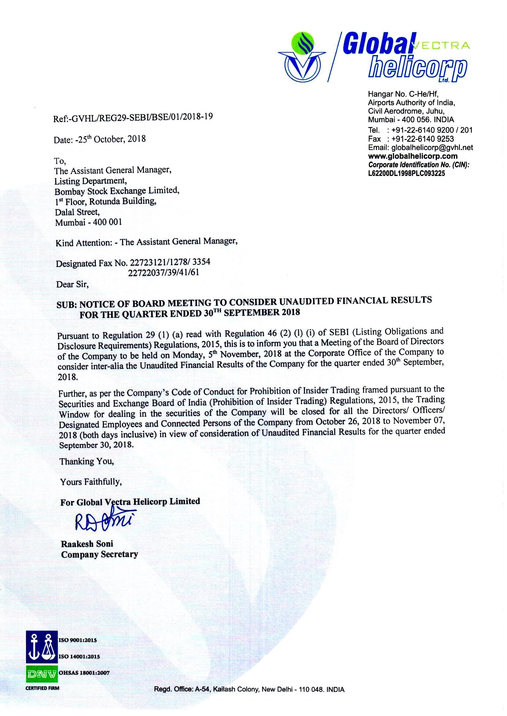 Notice for Board Meeting